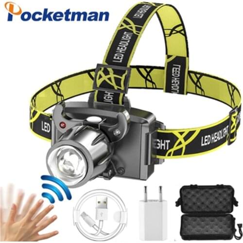 6000 Lumen Body Motion Sensor Headlight Zoomable LED Headlight USB Rechargeable Headlamp Head Front Light with Built-in Battery