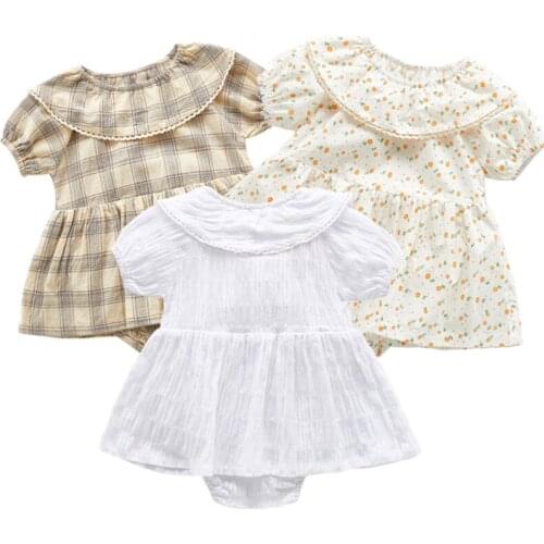 Baby Summer Clothes 0-3 Yrs Newborn Short Sleeved Cute Plaid Ha Bodysuit Dress Infant Girl Cotton Lotus Leaf Collar Floral Dress