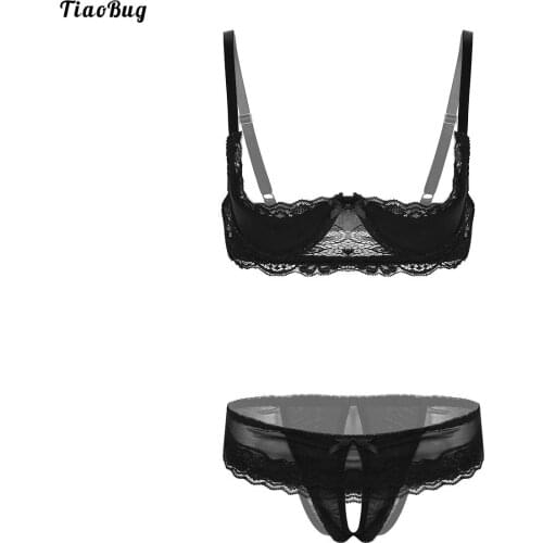2Pcs Women Lace Lingerie Set Adjustable Spaghetti Shoulder Straps 1/4 Cup Unlined Shelf Bra With Crotchless Briefs Underwear