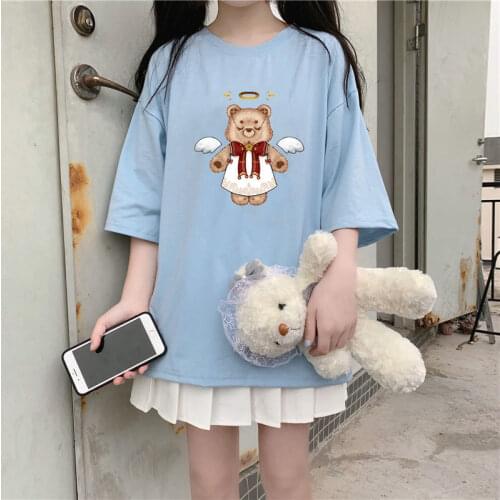 Harajuku Summer Short-sleeved T-shirt Female Student Loose Angel Little Bear Print T-shirt Japanese Cute Women O-neck Tops Tee