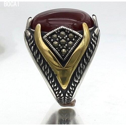 BOCAI New 2021 Trend Natural Agate Gemstones Real s925 Silver Characteristic Golden Two-Tone Oil Drop Mens Ring