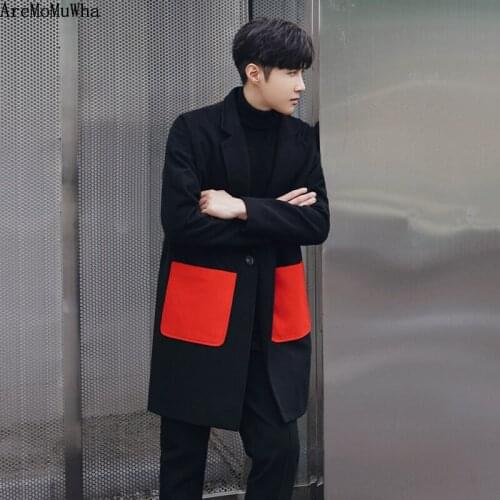 AreMoMuWha NewKorean Version of Color Matching Color Autumn and Winter Mens Woolen Coat Woolen Coat Mens Long Section QX1355