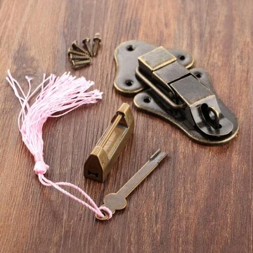 Padlock/Key/Tassel+Duckbill Box Latch Hasp Chinese Painting Bird&Flower Brass Lock Decor Cabinet Wooden Jewelry Gift Wine Case
