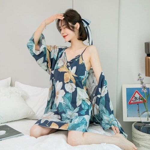 2021 Spring New Nightdress V-neck Sling Cotton Nightdress Print Slim Sexy Nightgown Two Piece Set Sleepwear Robe Sets