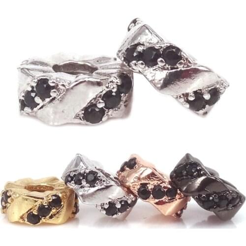 New Gold/Silver/Rose Gold/Black Plated Micro Pave Black Cubic Zirconia Rondelle Beads For Jewelry Making Spacer Metal Beads