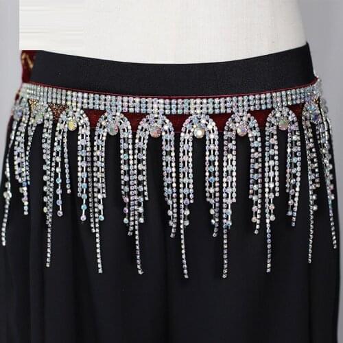 New belly dance women luxury rhinestone waist chain oriental dance accessories tassel waist chain for professional dancers