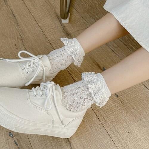 Sexy Lacework Ruffle Socks Lolita Style Japanese Kawaii Cute Socks Women Cotton Breathable Harajuku Retro Black White Long Socks