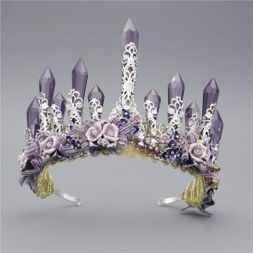 Handmade Purple Crystal Column Headband Queen Wedding Noble Crown Bride Prom Flower Perfect Coronas Hair Jewelry Accessory