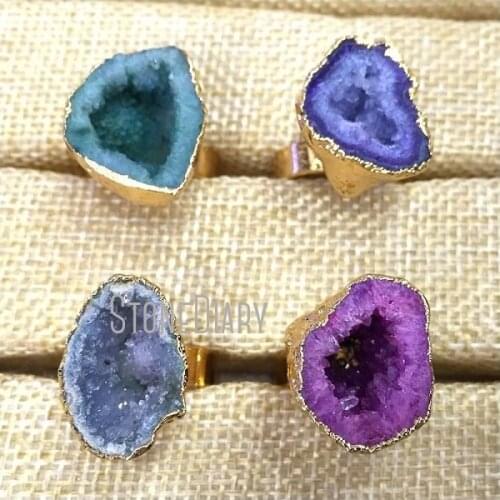 RM935 5Pcs Pure Gold Color Free Form Ring Random Color Druzy Geode Ring Outlet Adjustable