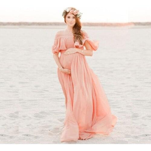 Chiffon Maternity Dresses For Photo Shoot Pregnancy Dress Photography Shoulderless Maternity Photography Props Ruffle Maxi Dress