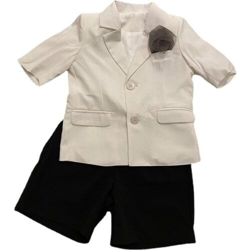School Kids Wedding Tuxedo Dress Children Chorus Performance Dress Costume Boys Summer White Blazer+Shorts 2PCS Clothing Set