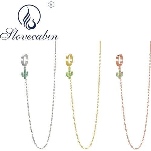 Slovecabin 925 Sterling Silver CactusThreader Long Chain Ear Cuff Hanging Zircon Women Wedding Fashion Jewelry Luxury Femme Gift