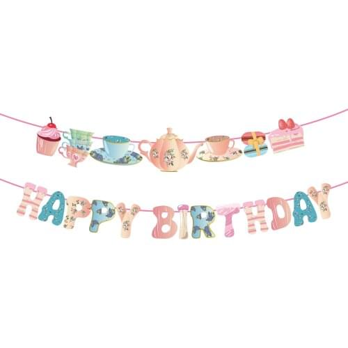 BA204 Happy Birthday Party Banners Teapot Dessert Party Decorations Kids Birthday Baby Shower Tea Party Supplies