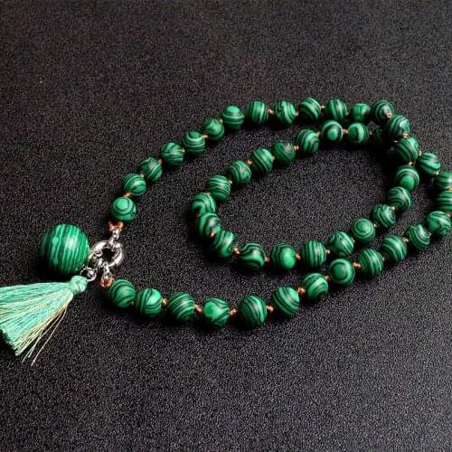 8mm green Malachite beads & 12mm ball pendant Tassel Choker Necklace forwomen