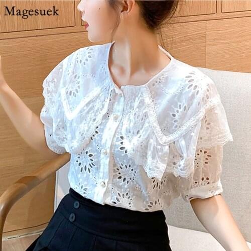 Korean Lace Hollow Out White Women Summer Shirt 2021 Loose Short Sleeve Blouses Woman Casual Tops Button Solid Lady Shirts 13608