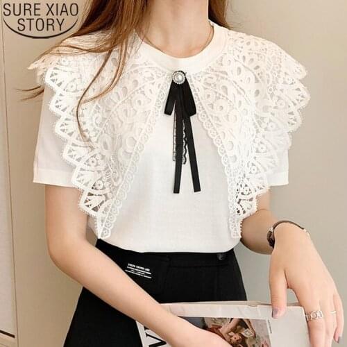 Sweet Big Peter Pan Collar Ice Silk Shirt Lace Blouse Knitwear Women Tops Summer 2021 White Black Short Sleeve Knit Shirt 14257