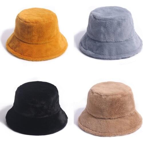 Women Winter Fuzzy Plush Bucket Hat Ear Warmer Round Top Windproof Fisherman Cap 449B