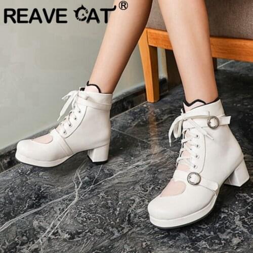 REAVE CAT New Ladies Ankle Boots Cute Princess Lolita Round Toe 5cm Square Heels Heart Lace-Up Buckle Zip Big Size 30-48 A3295