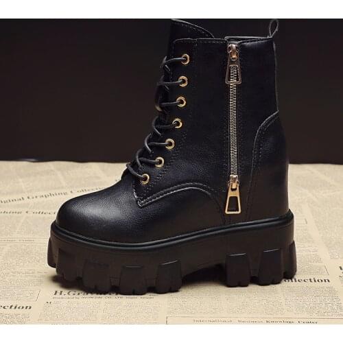 New Women Chunky Shoes 2021 Autumn Leather Hidden Heels Women Sneaker Winter 8cm High Heels Fashion Black Platform Ankle Boots