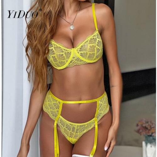 YiDuo Womens Underwear Sensual Lingerie 3 Piece Sets Sexy Lingerie Lace Brief Sets Underwire Push Up Lingerie Femme Club Wear