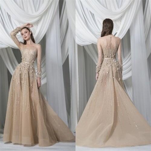 Champagne Evening Dresses Jewel Long Sleeves Appliques Lace Beading Prom Gowns Custom Made Sweep Train Special Occasion Dress