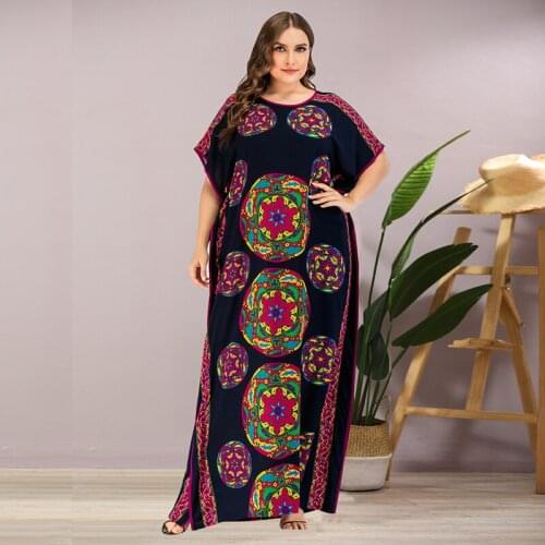 DOIB Floral Print Plus Size Dresses Batwing Sleeve Split Abaya Kaftan Islamic Muslim Dubai Maxi Long Dress