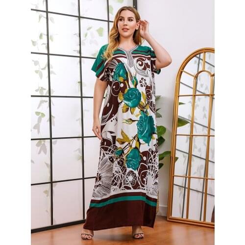 Plus Size Women Casual Loose Dress 2021 Summer Elegant Ethnic Printed V Neck Short Sleeve Female Clothes 3XL A18177