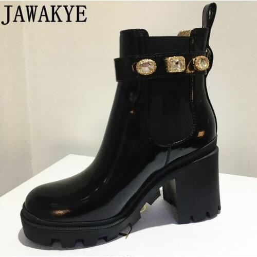Winter Hot Sale Chunky Heel Chelsea Boots Crystal Beading Strap Chain Leather Motorcycle Bottes Luxury Brand Ankle Botas Mujer