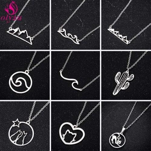 Golden Jewelry Vintage Korean Long Cat Heart-Shaped Star Necklace Pendant Stainless Steel Hills Geometric Cactus Jewelry Womens
