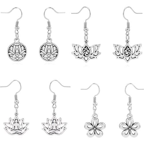 1 Pair Tibetan Silver Lotus Flower OM AUM Yoga Charms Pendants Earring Women Jewellery Hook Earring