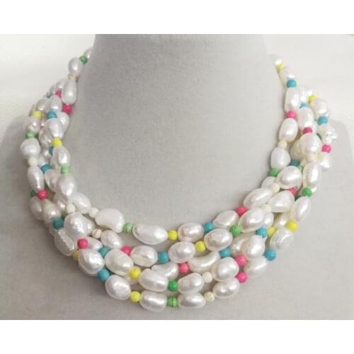 5 strands 9x10mm baroque white pearl colorful stone mixed necklace natural freshwater pearl Woman Jewelry 14'' 35cm 43cm 17