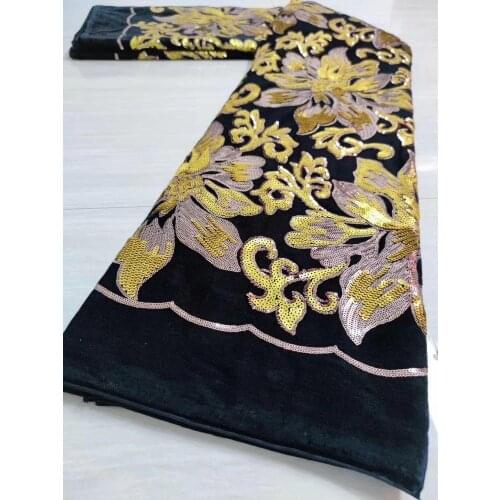 5yards/pc) Fabulous black gold African velvet lace fabric with big flowers sequins embroidery for party dress FHS078