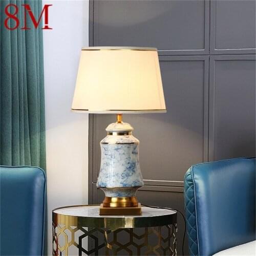 8M Ceramic Table Lamps Blue Brass Desk Light Modern Luxury Fabric Decorative for Home Living Room Dining Room Bedroom
