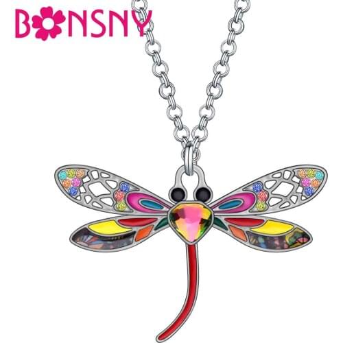 Bonsny Enamel Alloy Rhinestone Dragonfly Necklace Pendant Chain Choker Insect Jewelry For Women Girls Teen Charms Gift Accessory