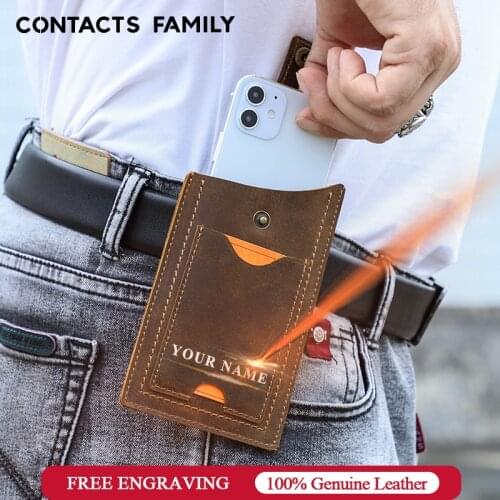 CONTACTS FAMILY 100% Genuine Leather Cellphone Belt Waist Bag For Men Vintage Handmade Loop Holster Mobile Phone Cover Case
