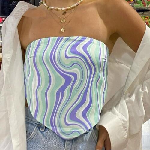 Chic Wave Print Cute Y2K Corset Top Women 2000s Aesthetic Kawaii Clothes Backless Cross Lace Up E Girl Crop Tops Summer