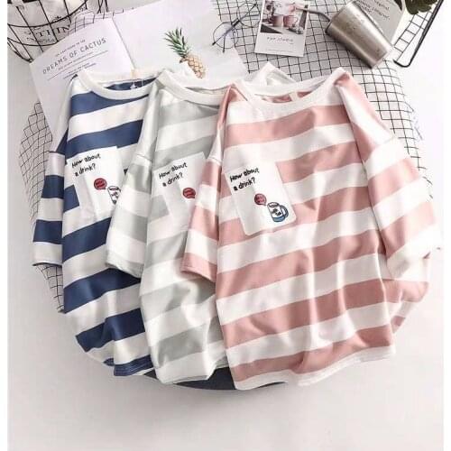 Korean O-neck T Shirt Women kawaii pink Striped Tops Harajuku Tshirt Summer Short Sleeve casual loose T-shirts
