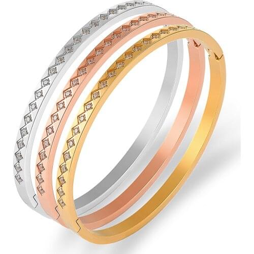 Classic Rhinestone Bracelet for Women Cubic Zirconia Bracelets Stainless Steel Arm Cuff Bangles Jewelry Couple Lover Gift