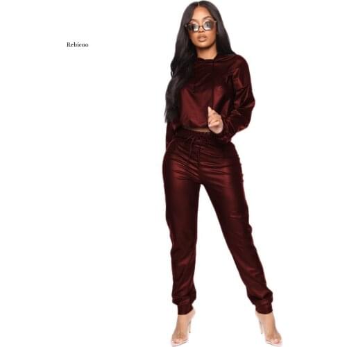 Two Piece Set for Womens Outfits Streetwear Sports Leisure Pu Faux Leather 2 Piece Sets Womens Clothing Loose Pants and Tops