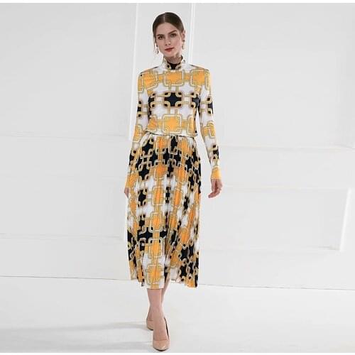 New Fashion High Quality Spring Autumn Party Casual Turtleneck Top Loose Half Skirt Vintage Elegant Geometric Print WomenS Sets