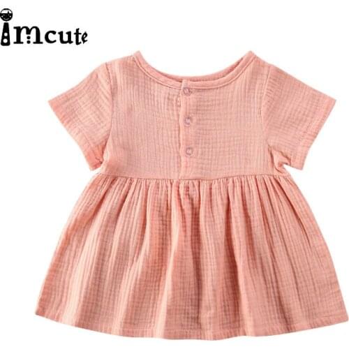 Imcute 2020 Summer Girls Dresses Kids Solid Elegant Princess Dress Baby Girl Linen Cotton Dress 6M-3 Years Children't Clothing