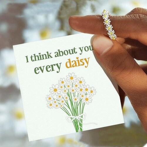 Sweet Little Daisy Ring With Card For Women Drip Glaze White Flower Rings Adjustable Open Cuff Party Wedding Beauty Jewelry