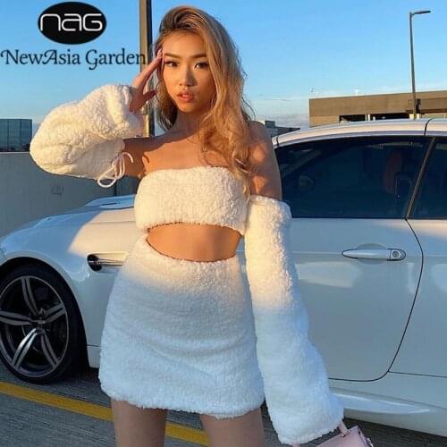 NewAsia Fluffy Matching Sets Strapless Tie up Cut out Crop Top A Line Short Skirt Set Oversleeve Party Club Outfits for Women