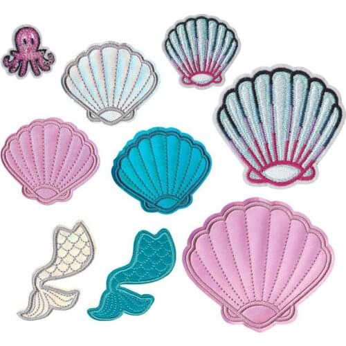 New Shell Mermaid Squid Leather Parches Embroidery Iron on Patches for Clothing DIY Sea Stripes Clothes Stickers Appliques