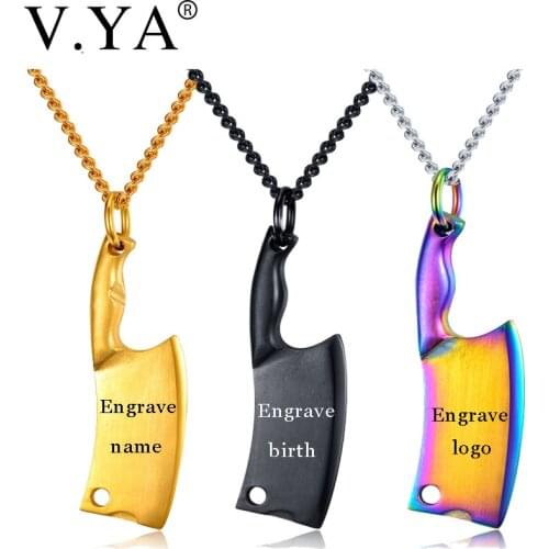 V.YA Black Chef Kitchen Knife Pendant Necklaces for Men Women Stainless Steel Hip Hop Man Jewelry Black Rainbow Gold Tone
