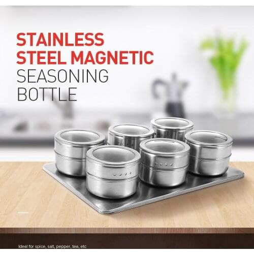 Useful 6pcs Stainless Steel Magnetic Seasoning Pot Cruet Condiments Spice Rack Pots Set For Spice Pepper Shakers Kitchen Tools