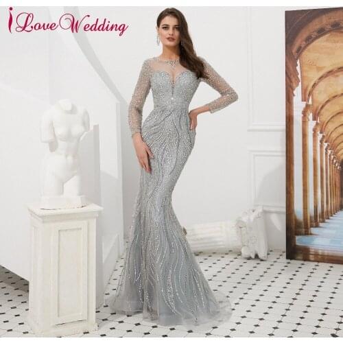 ILoveWedding Luxury Evening Dress Sheer Crystal Beading Long Sleeves Custom Gray Long Formal Evening Gown Real Photo