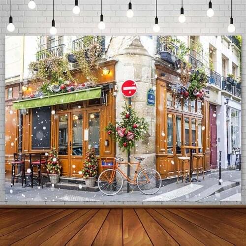 Merry Christmas Backdrops Winter Tree Gift Shop Bicycle Snow Bell Child Photography Background Photostudio Photozone Decor Props
