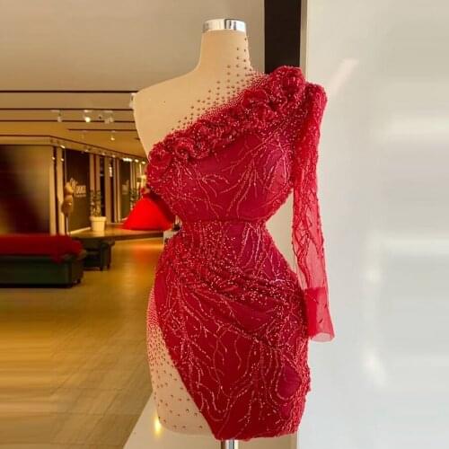 Sexy Red Short Prom Dresses One Shoulder Long Sleeves See Thru Beaded Mini Length Women Plus Size Pageant Gowns