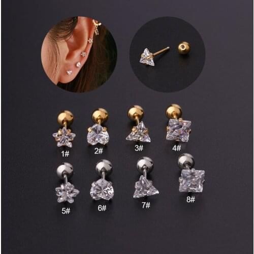 1PC Korean Fashion Cz Ear Studs Cartilage Earring for Women Star Heart Triangle Square Shape Stud Earring Ear Piercing Jewelry